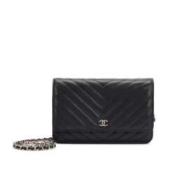 Black Caviar Chevron Wallet On Chain Silver Hardware