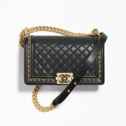 Grained Shiny Calfskin & Gold-Tone Metal Black