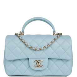 CHANEL Mini Rectangular Flap with Top Handle Blue Lambskin Light Gold Hardware