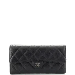 Chanel CC Gusset Classic Flap Wallet Quilted Caviar Long