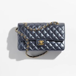 CLASSIC HANDBAG Metallic Calfskin & Gold Metal Navy Blue