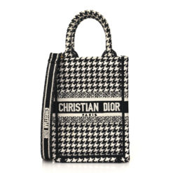 CHRISTIAN DIOR Canvas Houndstooth Embroidered Mini Book Tote Phone Bag Black White