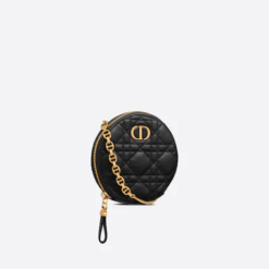 DIOR CARO ROUND POUCH WITH CHAIN Black Supple Cannage Calfskin