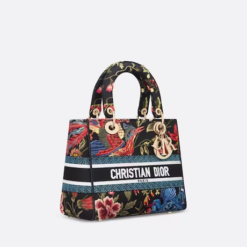 MEDIUM LADY D-LITE BAG Black Multicolor Dior Birds Embroidery