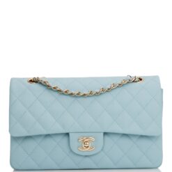 Chanel Medium Classic Double Flap Bag Blue Quilted Caviar Light Gold Hardware