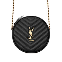 YSL Vinyle Round Camera Bag in Chevron-Quilted Grain de Poudre Embossed Leather